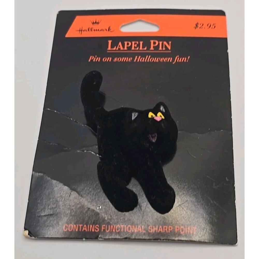1992 Hallmark PIN Halloween‎ Vintage CAT BLACK Scaredy Flocked NEW BOO PB77
